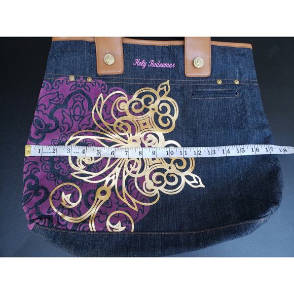 BBW Dark Denim Blue Jean Fabric w. Leather Straps Over The Shoulder Hobo Purse - Picture 5 of 6